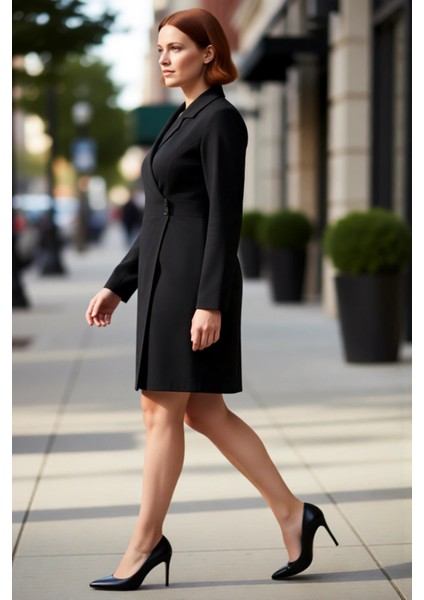 Kadın Siyah Düz Desen Dokuma Ceket Yaka Mini Boy Büyük Beden Şık ve Modern Ofis Iş Elbisesi