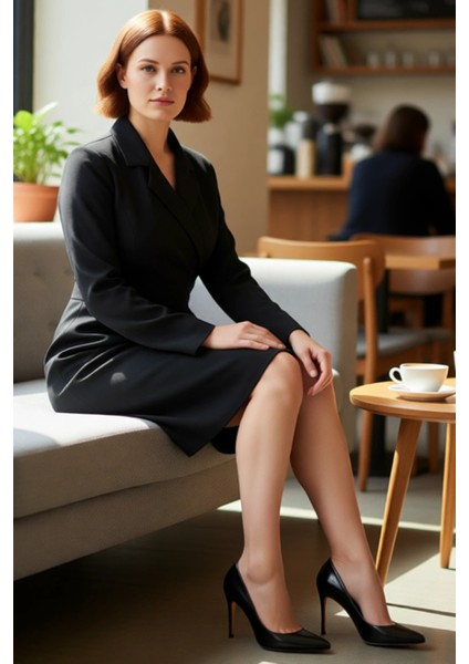 Kadın Siyah Düz Desen Dokuma Ceket Yaka Mini Boy Büyük Beden Şık ve Modern Ofis Iş Elbisesi fiyatları