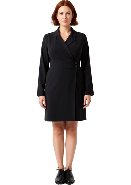 Kadın Siyah Düz Desen Dokuma Ceket Yaka Mini Boy Büyük Beden Şık ve Modern Ofis Iş Elbisesi modelleri