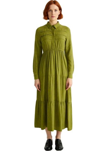 Kadın Skater Kalıp Haki Jakar Desenli Maxi Boy Gömlek Yaka Uzun Kol Dokuma Viskoz Elbise Kaliteli