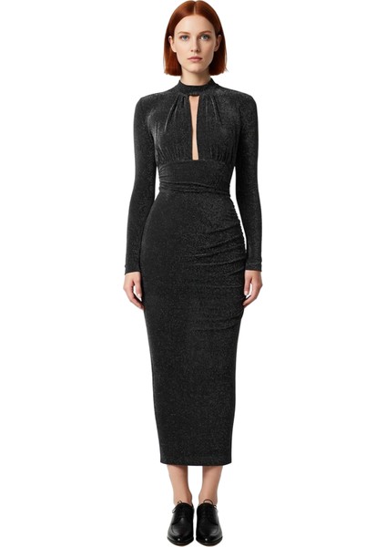 Kadın Modern Bodycon Uzun Kollu Dik Yaka Cut Out Detaylı Simli Örme Abiye Kokteyl Elbisesi