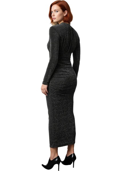 Kadın Modern Bodycon Uzun Kollu Dik Yaka Cut Out Detaylı Simli Örme Abiye Kokteyl Elbisesi fiyatları