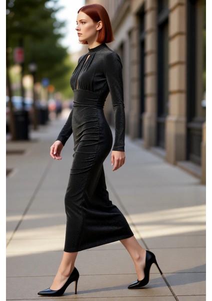 Kadın Modern Bodycon Uzun Kollu Dik Yaka Cut Out Detaylı Simli Örme Abiye Kokteyl Elbisesi modelleri