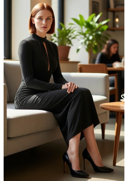 Kadın Modern Bodycon Uzun Kollu Dik Yaka Cut Out Detaylı Simli Örme Abiye Kokteyl Elbisesi fırsatları