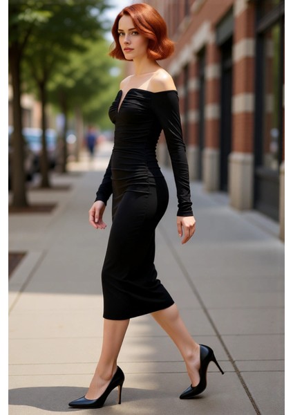 Kadın Astarsız Bodycone Siluet Uzun Kollu Büzgülü Örme Kokteyl Elbisesi Kış Sezonu Kaliteli modelleri