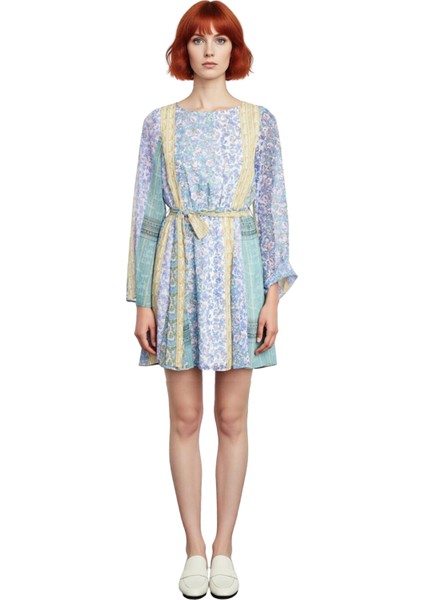 Kadın Şifon Patchwork Mini Elbise Ilkbahar Sonbahar Modası Bisiklet Yaka Skater Kalıp Uzun Kollu