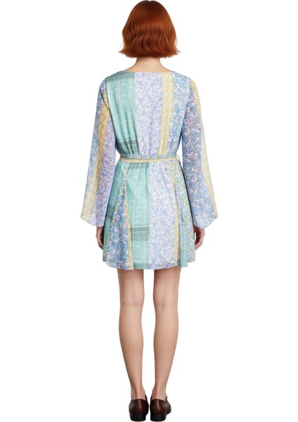 Kadın Şifon Patchwork Mini Elbise Ilkbahar Sonbahar Modası Bisiklet Yaka Skater Kalıp Uzun Kollu fiyatları