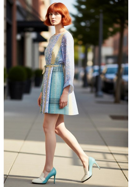 Kadın Şifon Patchwork Mini Elbise Ilkbahar Sonbahar Modası Bisiklet Yaka Skater Kalıp Uzun Kollu modelleri