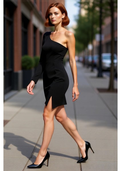 Kadın Bodycon Astarlı Asimetrik Yaka Tek Kol Uzun Mini Abiye Elbise Kış Organizasyonları Için modelleri