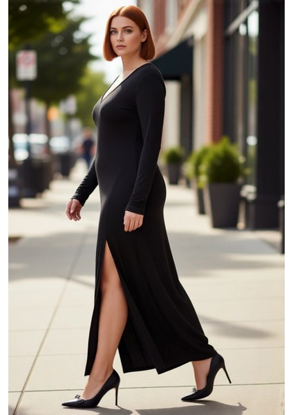 Kadın V Yaka A Kesim Uzun Kollu Maxi Örme Elbise Şık Düz Tasarım Gündüz Gece Kombinleri Için Ideal