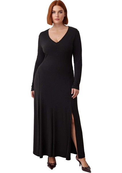 Kadın V Yaka A Kesim Uzun Kollu Maxi Örme Elbise Şık Düz Tasarım Gündüz Gece Kombinleri Için Ideal modelleri