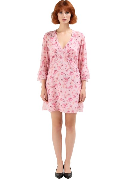 Kadın Yoryo Şifon Çiçekli Pelerin Detaylı V Yaka Mini Elbise Ilkbahar Yaz Kokteyl Davetleri Için