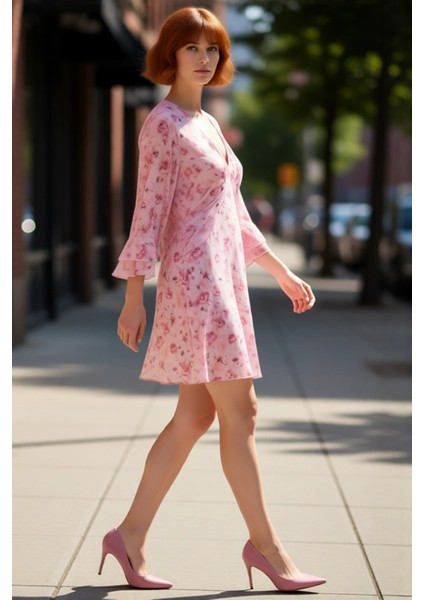 Kadın Yoryo Şifon Çiçekli Pelerin Detaylı V Yaka Mini Elbise Ilkbahar Yaz Kokteyl Davetleri Için modelleri