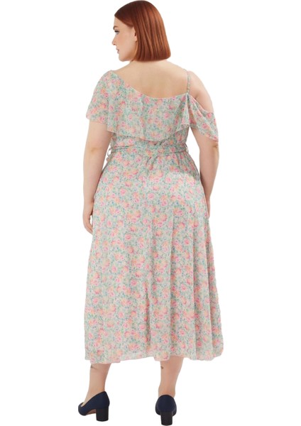 Kadın Büyük Beden Çiçekli Şifon Maxi Elbise Asimetrik Yaka Fırfırlı Tasarım Ilkbahar Yaz Özel fiyatları