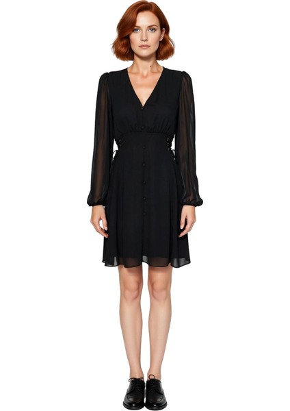 Kadın Düğmeli Balon Kol Haki Skater Elbise Astarlı V Yaka Dokuma Şifon Günlük Şıklık Kaliteli fiyatları