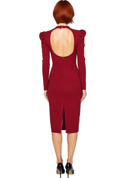 Kadın Uzun Balon Kol Bodycon Kesim Kalp Yaka Midi Abiye Elbise Şık Dokuma Gece Davetleri Için modelleri