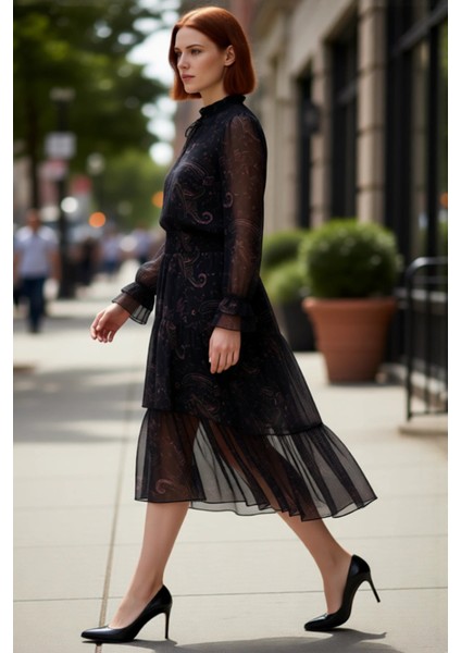 Kadın Şifon Skater Midi Elbise Şal Desenli Boyundan Bağlamalı Uzun Kollu Dokuma Şıklığı Kaliteli