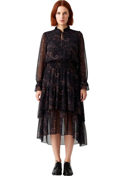 Kadın Şifon Skater Midi Elbise Şal Desenli Boyundan Bağlamalı Uzun Kollu Dokuma Şıklığı Kaliteli modelleri