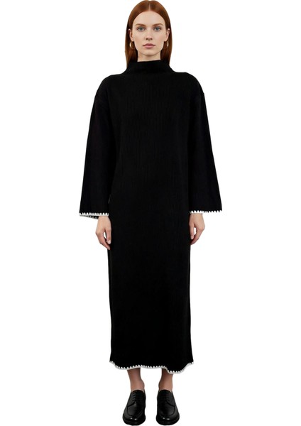 Kadın Düz Renk Dik Yaka Uzun Kollu Triko Elbise Shift Kalıp Çoban Dikiş Detaylı Kışlık Maxi fiyatları