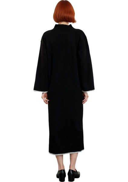 Kadın Düz Renk Dik Yaka Uzun Kollu Triko Elbise Shift Kalıp Çoban Dikiş Detaylı Kışlık Maxi modelleri