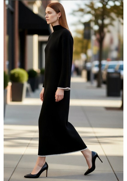 Kadın Düz Renk Dik Yaka Uzun Kollu Triko Elbise Shift Kalıp Çoban Dikiş Detaylı Kışlık Maxi fırsatları