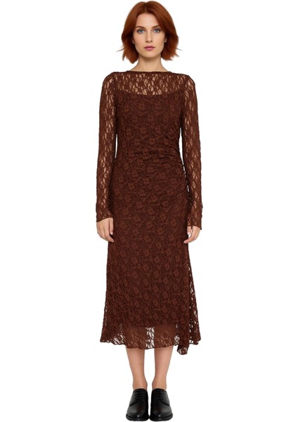 Kadınlar Için Uzun Kollu Bodycon Midi Dantel Elbise Kayık Yaka Sırt Dekolteli Parti Şıklığı