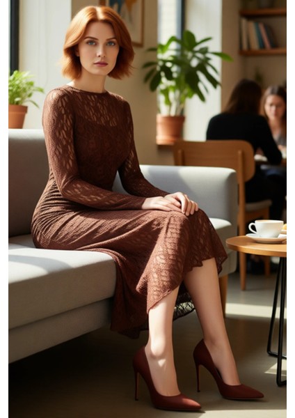 Kadınlar Için Uzun Kollu Bodycon Midi Dantel Elbise Kayık Yaka Sırt Dekolteli Parti Şıklığı fırsatları