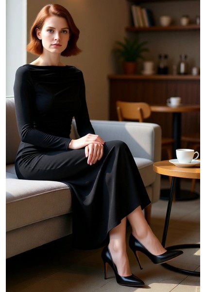 Kadın Midi Boy Kayık Yaka Bodycon Elbise Standart Kollu Büzgülü Düz Örme Kumaş Her Ortama Uygun fırsatları