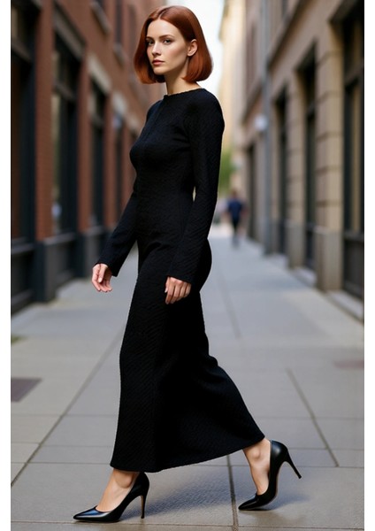 Kadın Örme Maxi Elbise Bodycon Kalıp Uzun Kollu Kayık Yaka Sırt Dekolteli Günlük Şık Giyim modelleri