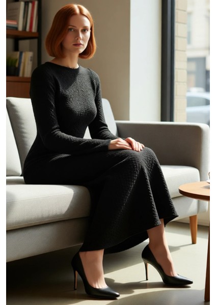 Kadın Örme Maxi Elbise Bodycon Kalıp Uzun Kollu Kayık Yaka Sırt Dekolteli Günlük Şık Giyim fırsatları