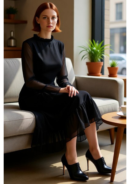 Kadın Şık Midi Boy A Kesim Dik Yaka Ispanyol Kollu Astarlı Şifon Dokuma Fırfır Detaylı Kışlık Elbise fırsatları