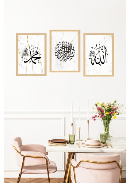 🕋 Allah - Bismillah - Muhammed Yazılı Mermer Desenli Çerçeve Görünümlü Tablo Seti 🖼️✨🌟 CRVS1211 13 x 17 fırsatları