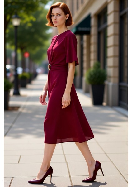 Kadın A Line Siluet Bordo Düz Mat Saten Midi Elbise Aksesuar Detayı Bisiklet Yaka Dokuma Şık modelleri