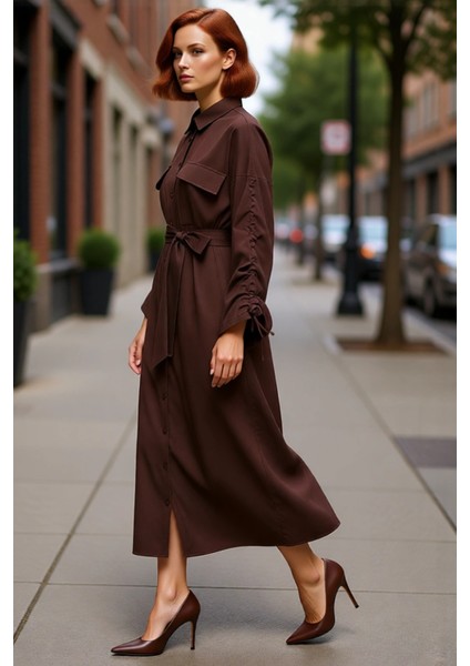 Kadın Gömlek Yaka Kuşaklı Maxi Boy Dokuma Uzun Bağcıklı Büzgülü Kollu Şık Casual Elbise Kaliteli fırsatları