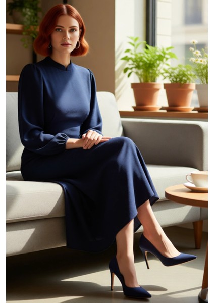 Modern Kadın Lacivert Maxi Boy Aerobin Dokuma Hakim Yaka Britli Düz Şık Rahat Elbise Kaliteli