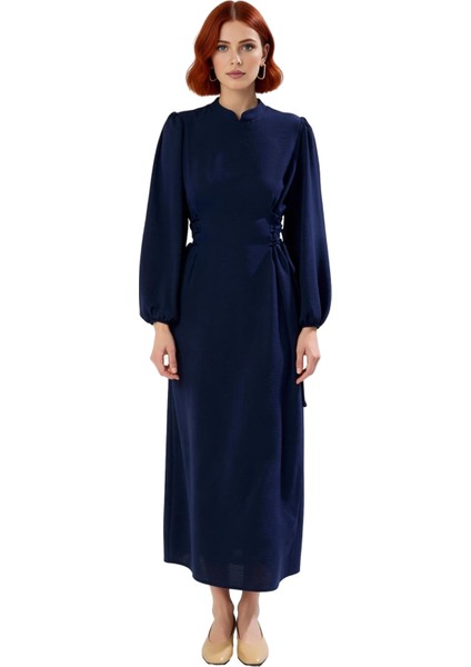 Modern Kadın Lacivert Maxi Boy Aerobin Dokuma Hakim Yaka Britli Düz Şık Rahat Elbise Kaliteli fiyatları