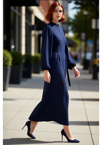 Modern Kadın Lacivert Maxi Boy Aerobin Dokuma Hakim Yaka Britli Düz Şık Rahat Elbise Kaliteli fırsatları