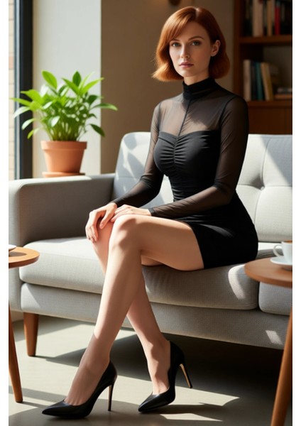 Kadın Siyah Kısa Tül Dokuma Dik Yaka Uzun Kollu Bodycon Astarlı Şık Abiye Elbise Mezuniyet Için