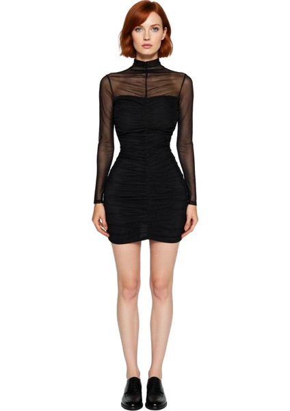 Kadın Siyah Kısa Tül Dokuma Dik Yaka Uzun Kollu Bodycon Astarlı Şık Abiye Elbise Mezuniyet Için fiyatları