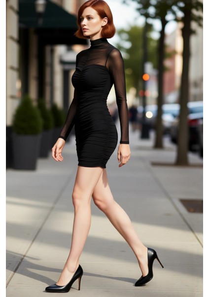 Kadın Siyah Kısa Tül Dokuma Dik Yaka Uzun Kollu Bodycon Astarlı Şık Abiye Elbise Mezuniyet Için fırsatları