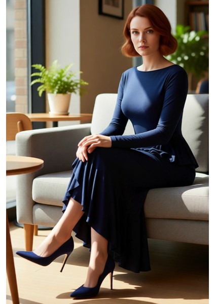 Kadın Maxi Boy Vücuda Oturan Fırfırlı Kayık Yaka Uzun Kollu Abiye Elbise Mezuniyet ve Kokteyl Için fırsatları