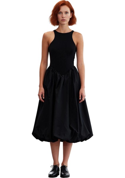 Kadın Poplin Dokuma Kolsuz Fitted Üst Balon Etekli Midi Boy Şık Gece Mezuniyet Elbisesi Kaliteli fiyatları