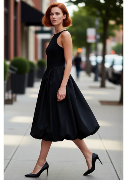 Kadın Poplin Dokuma Kolsuz Fitted Üst Balon Etekli Midi Boy Şık Gece Mezuniyet Elbisesi Kaliteli fırsatları