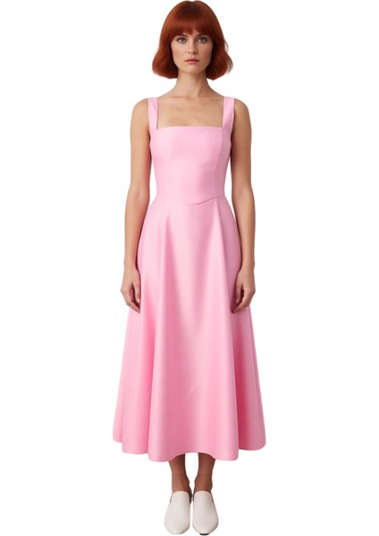 Kadın Abiye Kokteyl Elbisesi Skater Kalıp Kare Yaka Kalın Askılı Midi Dokuma Saten Şık Kaliteli fiyatları