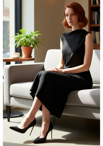 Kadın Kayık Yaka Kolsuz Düz Desenli Dokuma Midi Elbise Casual Ortamlar Için Zarif ve Rahat fırsatları