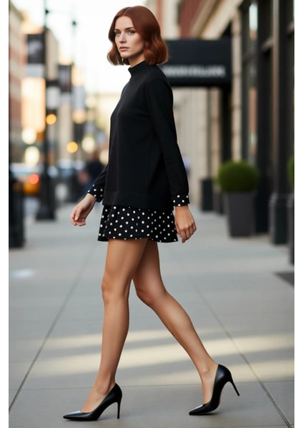 Kadın Casual Stil Selanik Örme Mini Elbise Dik Yaka Uzun Kollu Çiçek Desen Detaylı Konforlu modelleri