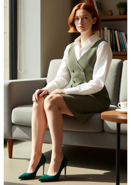 Kadınlar Için Kadife Jile Elbise Haki Renk Kolsuz Kare Yaka Casual Cool Comfort Kış Modası fırsatları