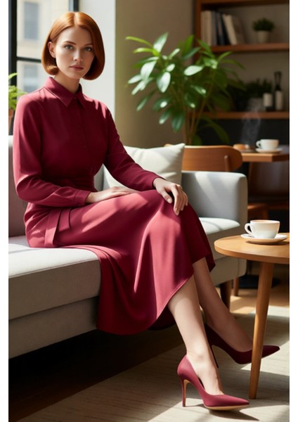 Zarif Kadın Midi Kuşaklı Gömlek Elbise Düz Bordo Viskoz Kumaşı Ile Günlük Stilin Tamamlayıcısı fırsatları