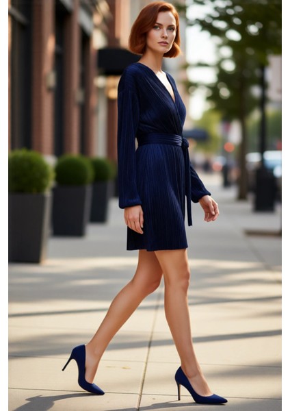 Kadın Şık Uzun Kol Piliseli Polyester Kruvaze Mini A Kesim Bağlama Detaylı Gece Elbisesi Kış Sezonu modelleri