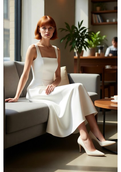 Kadın Şık Gece Elbisesi Skater Siluet Kare Yaka Midi Boy Düz Desen Saten Dokuma Kalın Askılı fırsatları